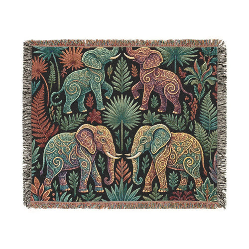 Bohemian Elephant Tapestry Woven Blanket | Jungle Floral Fringe Throw