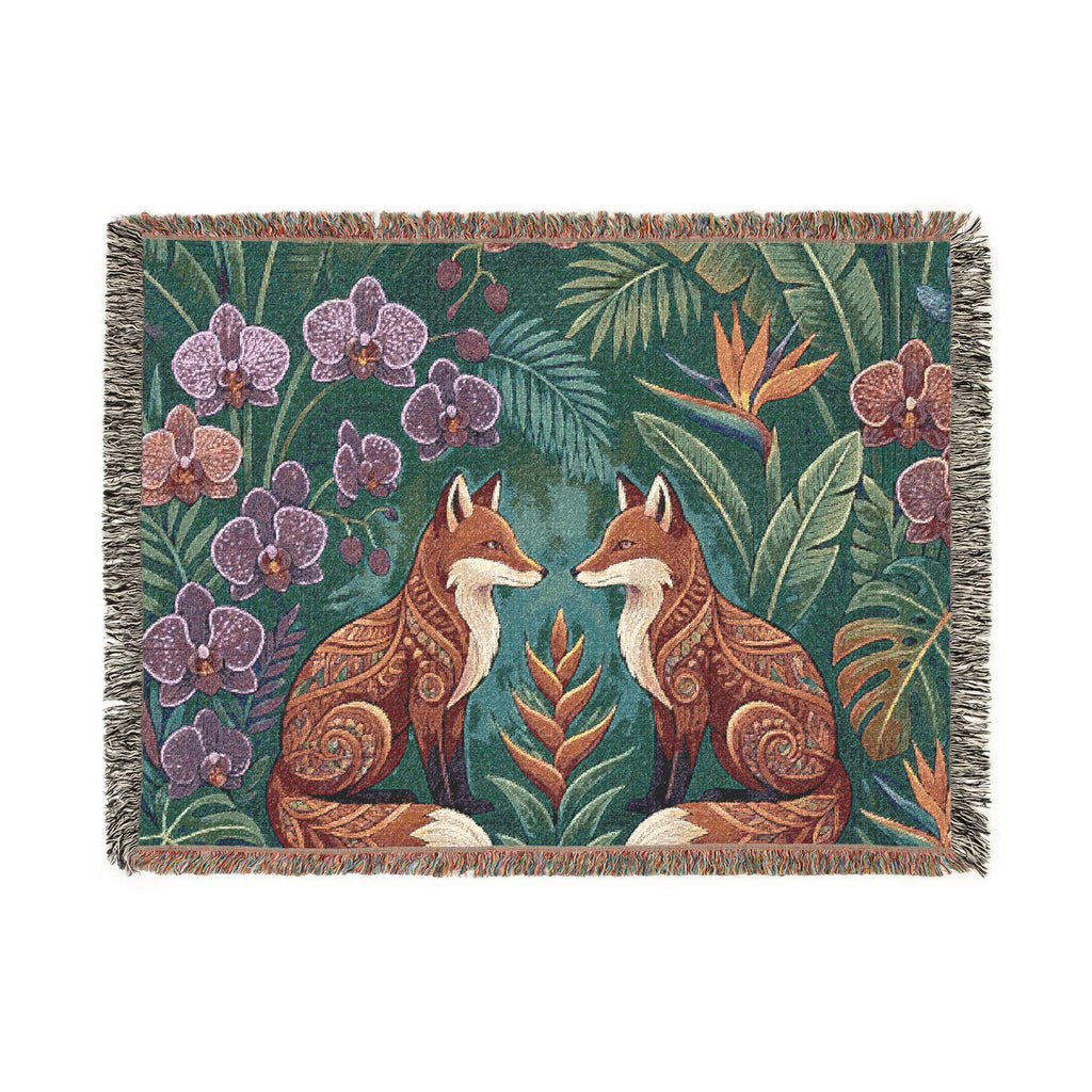 Folk Foxes Woven Blanket | Botanical Tapestry Throw, Floral Woodland Decor