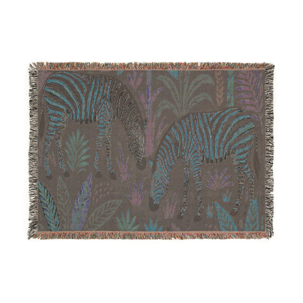 Striped Zebra Jungle Woven Blanket | Animal Print Throw, Botanical Motif