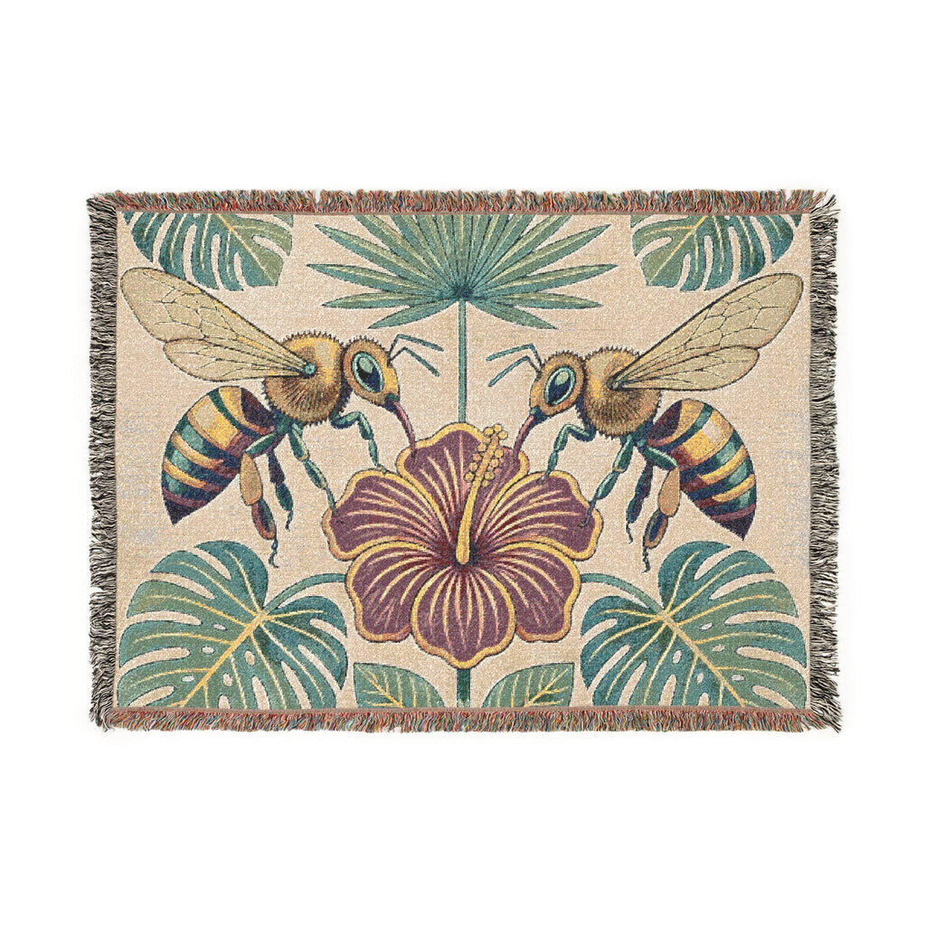 Hibiscus and Bees Woven Blanket | Tropical Floral Throw