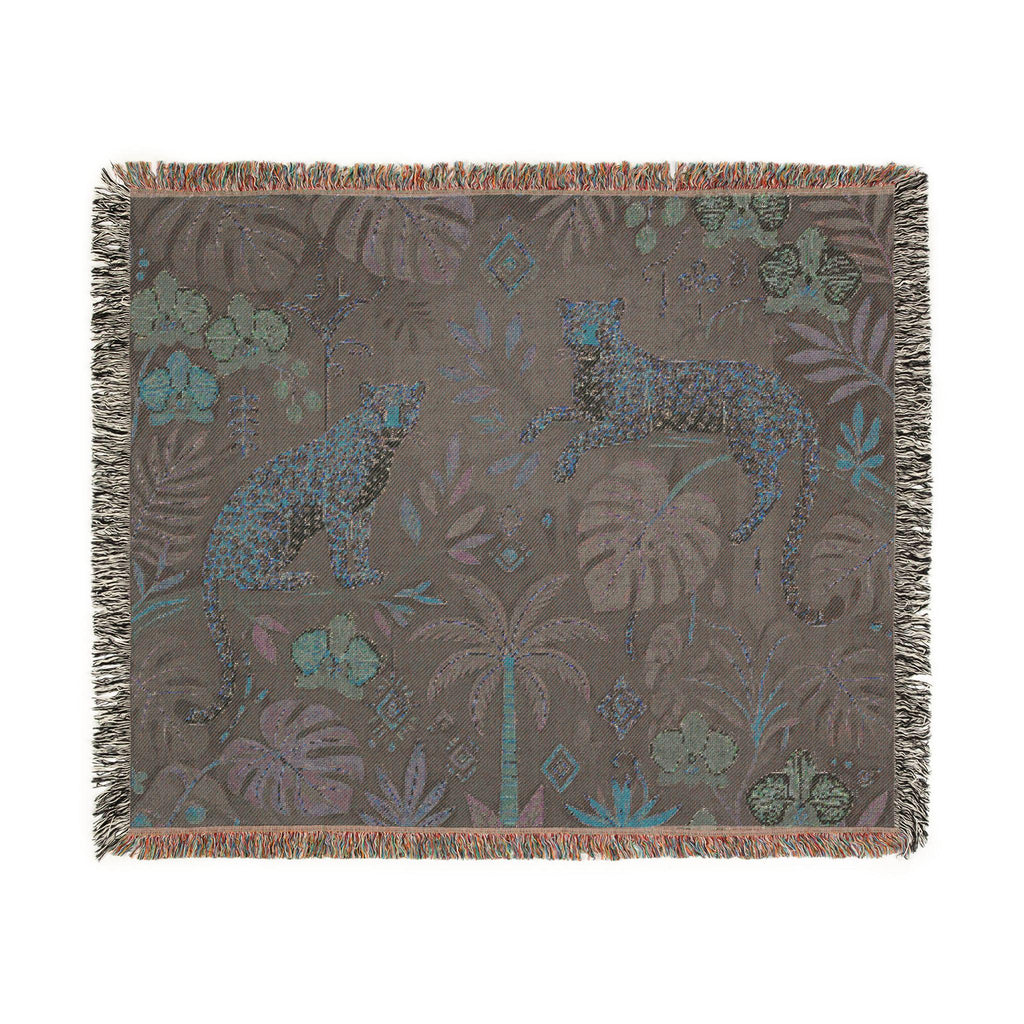 Jungle Leopard Tapestry Woven Blanket | Tropical Foliage Throw
