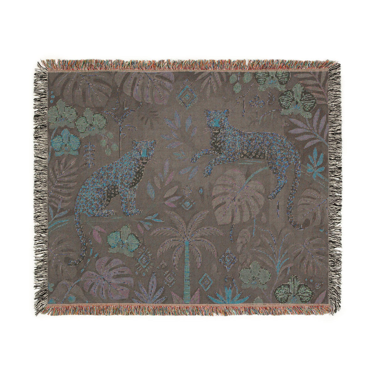 Jungle Leopard Tapestry Woven Blanket | Tropical Foliage Throw
