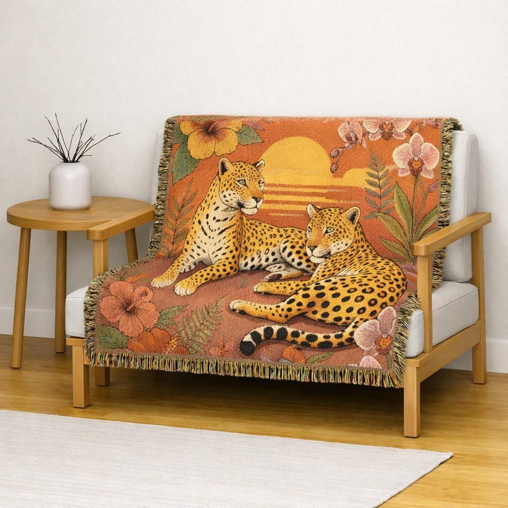 Leopard Sunset Woven Blanket | Tropical Jungle Throw