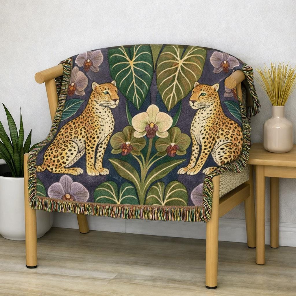 Leopard Botanical Woven Blanket | Tropical Leaves, Orchid Motif