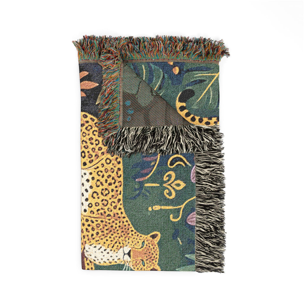 Jungle Leopard Tapestry Woven Blanket | Tropical Foliage Throw