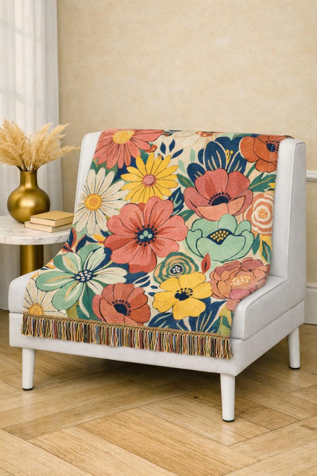 Bold Floral Print Woven Blanket | Flower Pattern Throw, Cozy Home Decor
