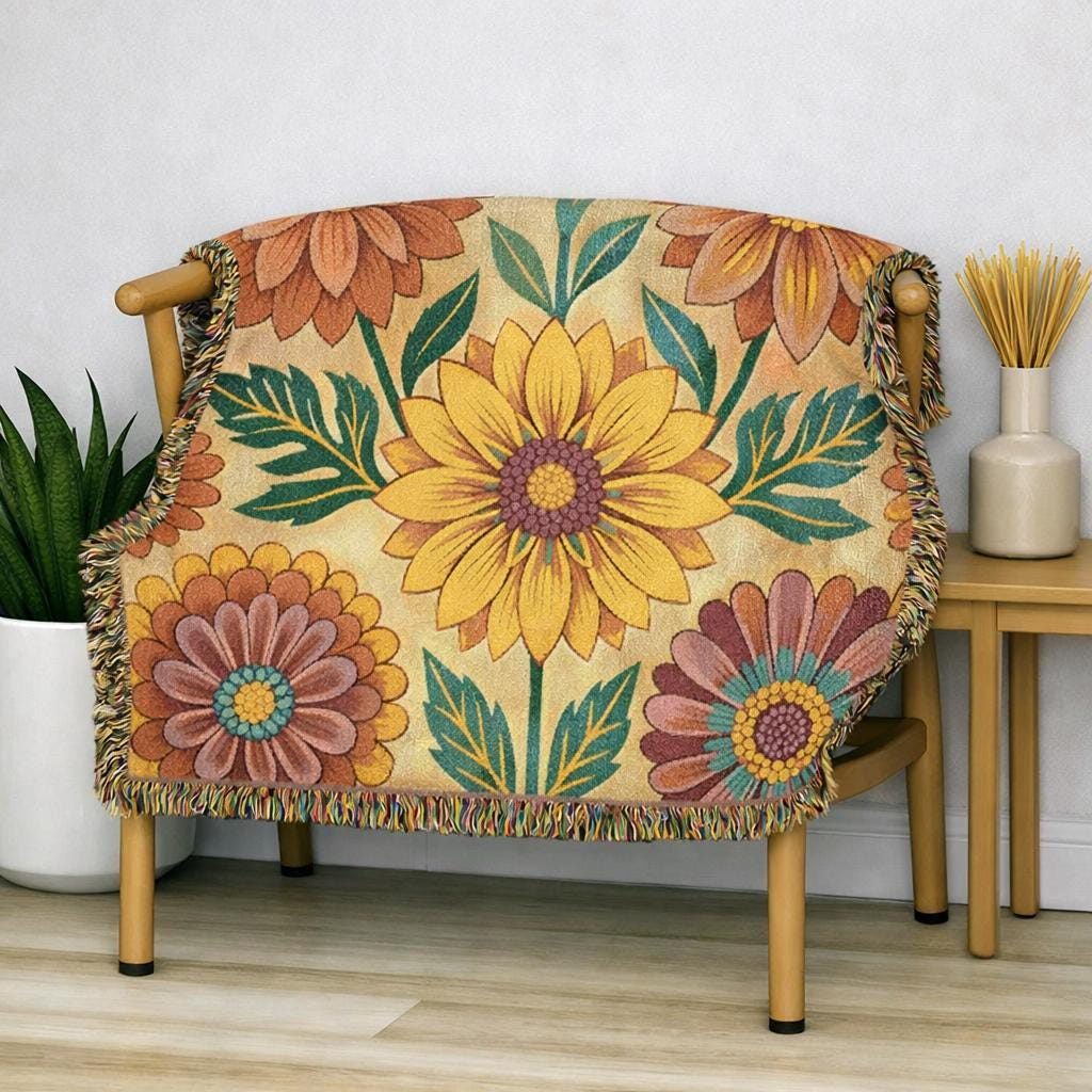 Sunflower and Dahlia floral Woven Blanket | boho floral throw tapestry