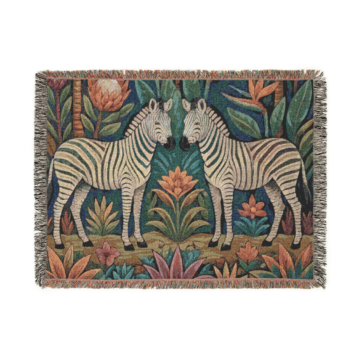 Zebra Folklore Woven Blanket | Tapestry Animal Throw, Botanical Motif