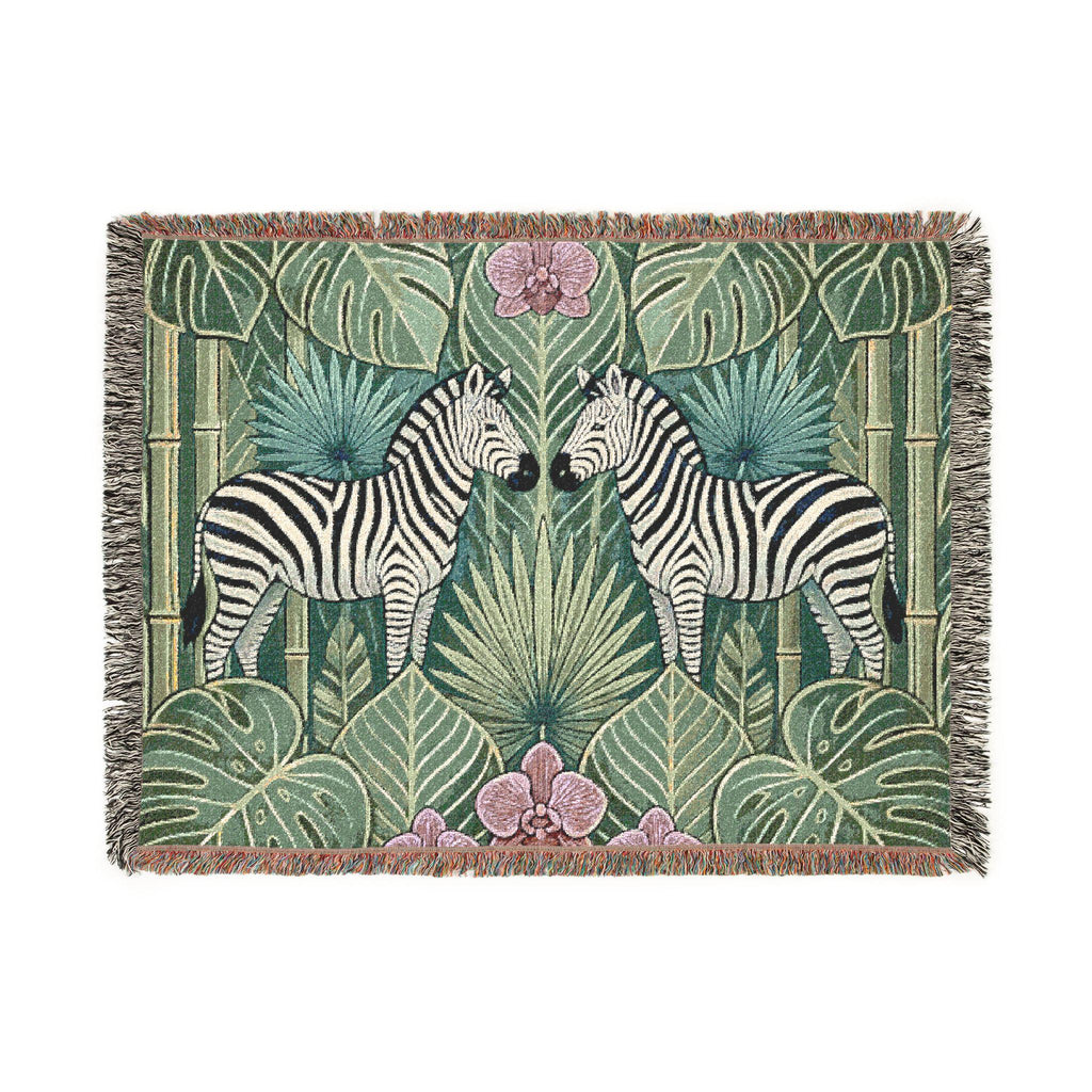 Art Deco Zebra Tapestry Woven Blanket | Jungle Palm Motif