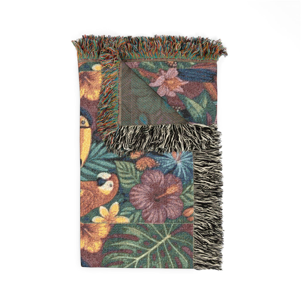 Tropical Toucan Floral Woven Blanket | Jungle Leaves Tapestry Throw