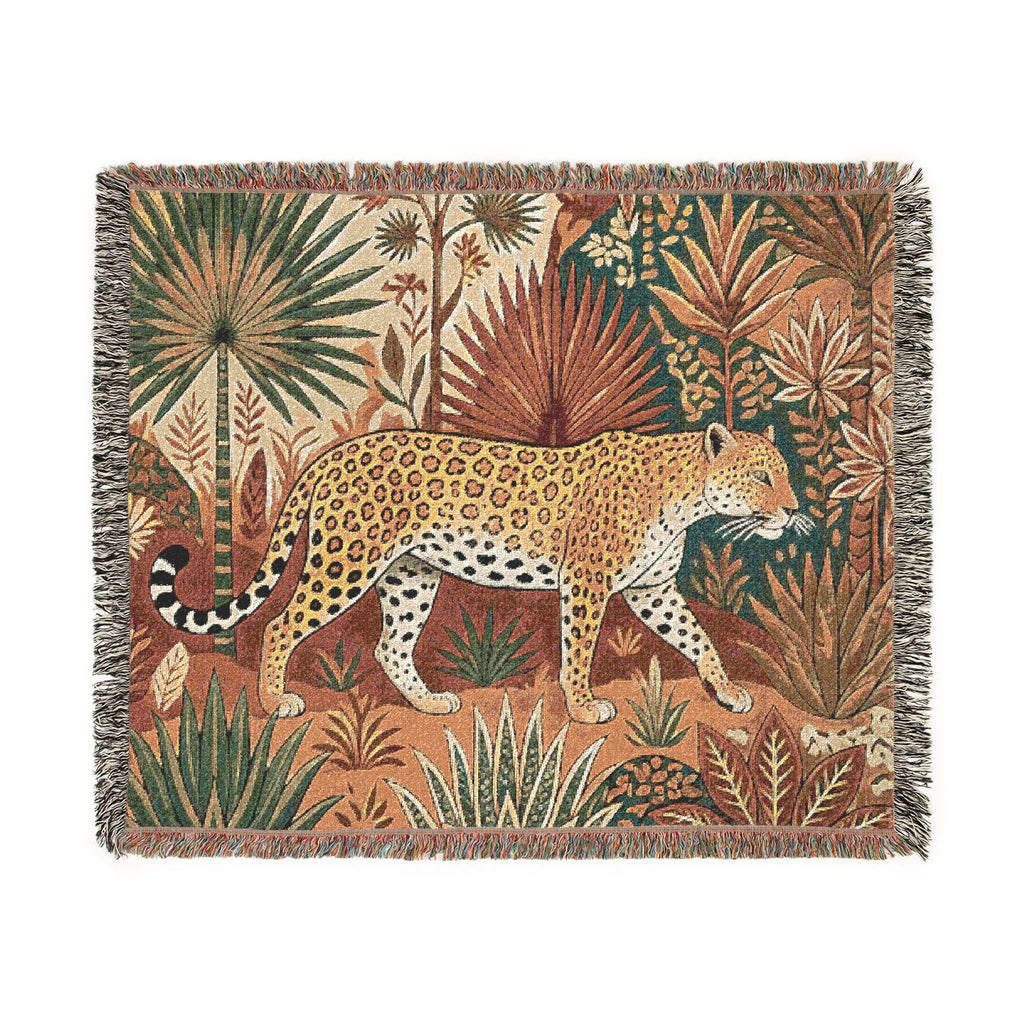 Leopard Tapestry Woven Blanket | Jungle Botanical Motif, Boho Throw
