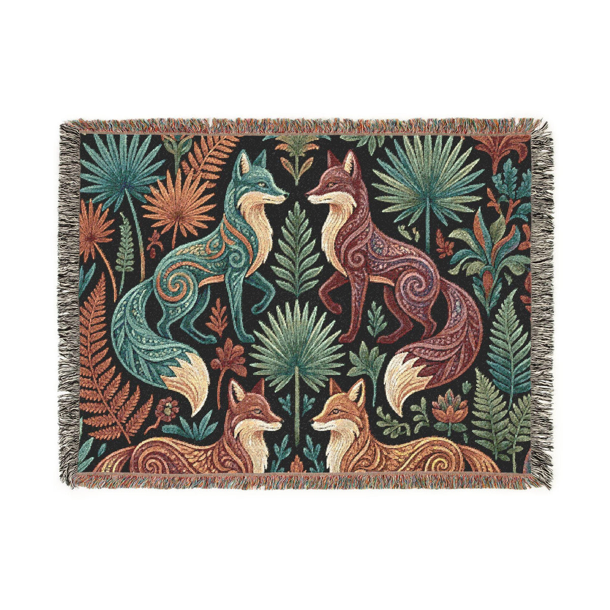 Folk Art Foxes Woven Blanket | Decorative Tapestry Throw, Nature Pattern