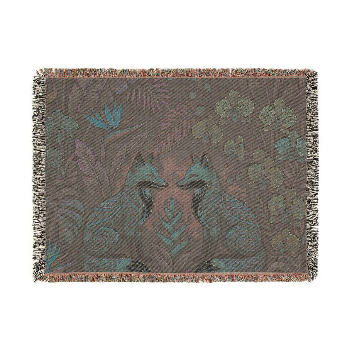 Folk Foxes Woven Blanket | Botanical Tapestry Throw, Floral Woodland Decor