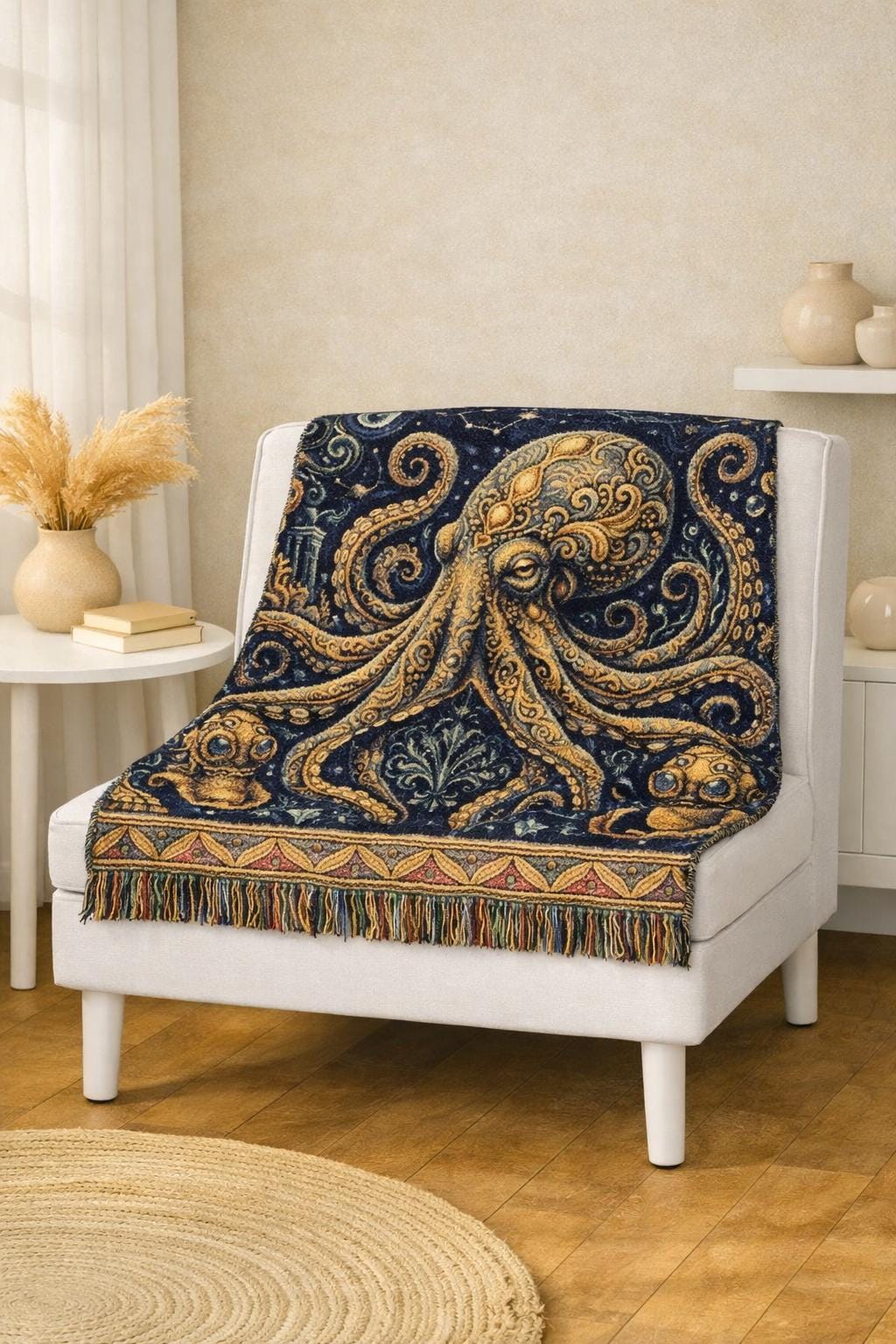 Vintage Octopus Tapestry Woven Blanket | Nautical Sea Creature Throw