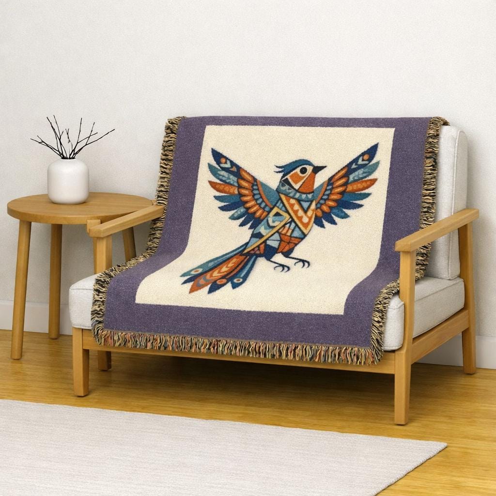 Geometric Feathered Bird Woven Blanket | Tribal Bird Throw