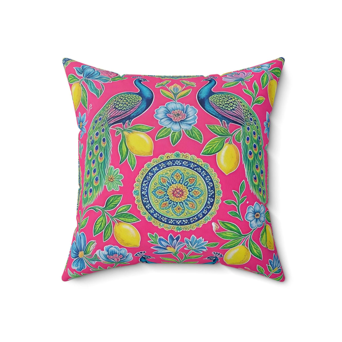 Peacock Lemon Floral Pillow | Bright Pink Decorative Throw Pillow