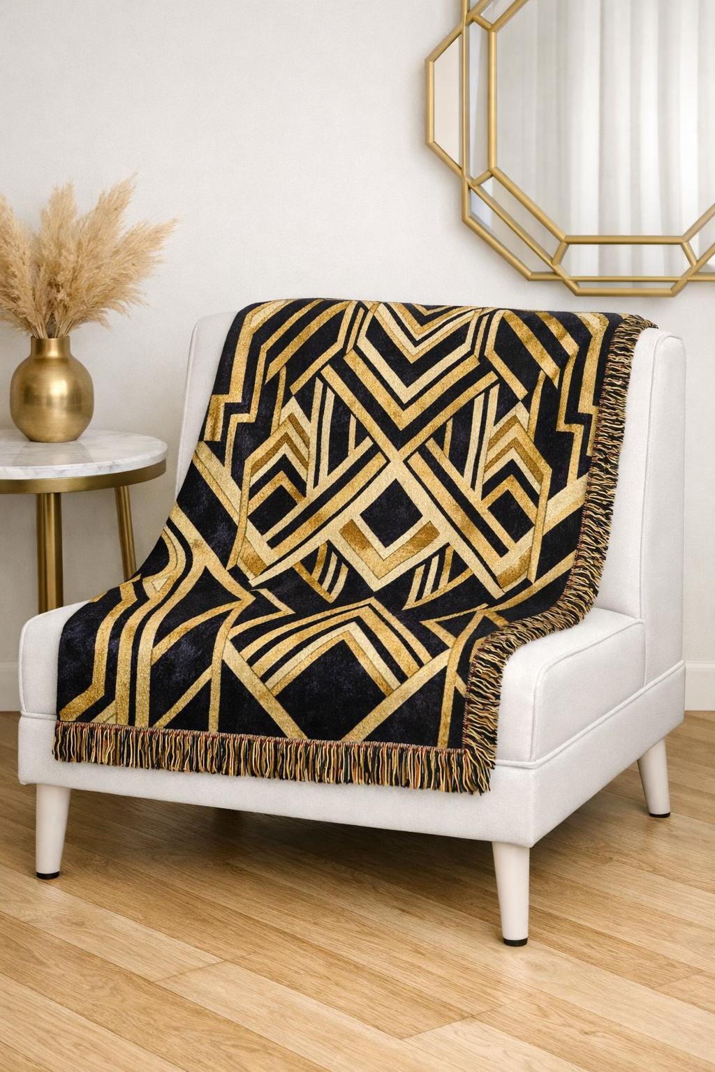 Art Deco Geometric Pattern Woven Blanket | Gold Navy Throw