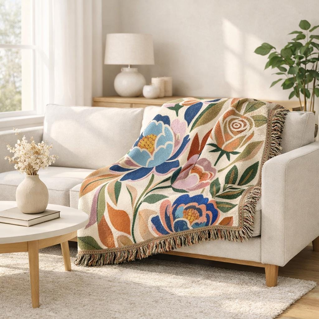 Floral Peony Tapestry Woven Blanket | Boho Floral Throw
