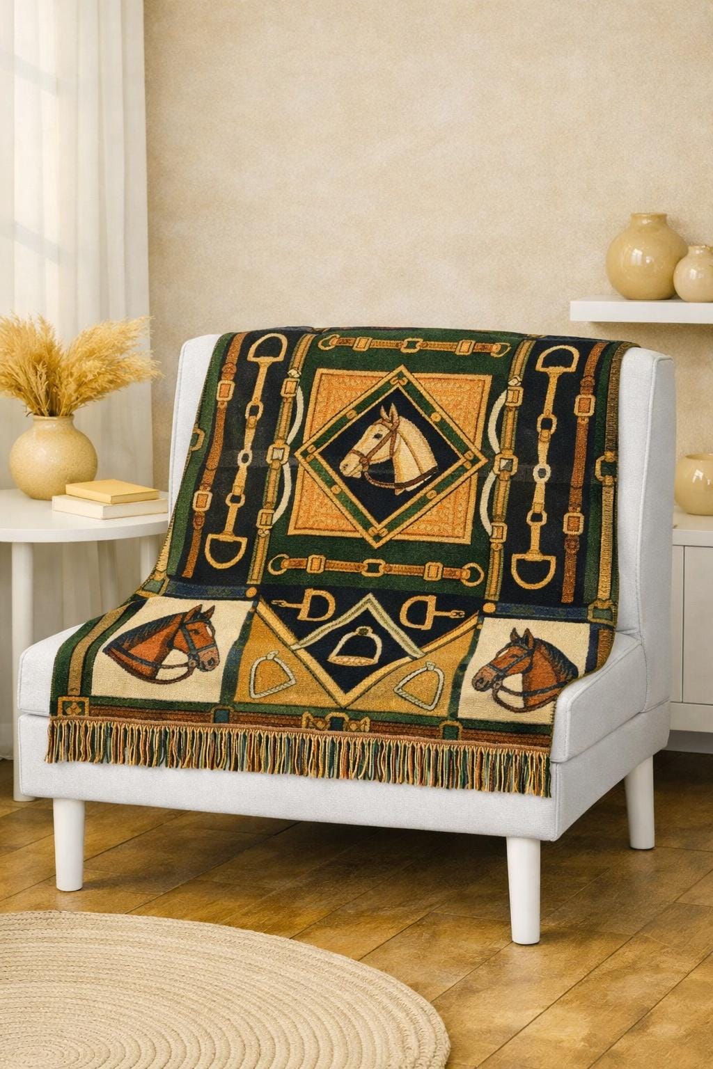 Equestrian Horse Bit Pattern Woven Blanket | Horse Head, Bridles, Stirrups