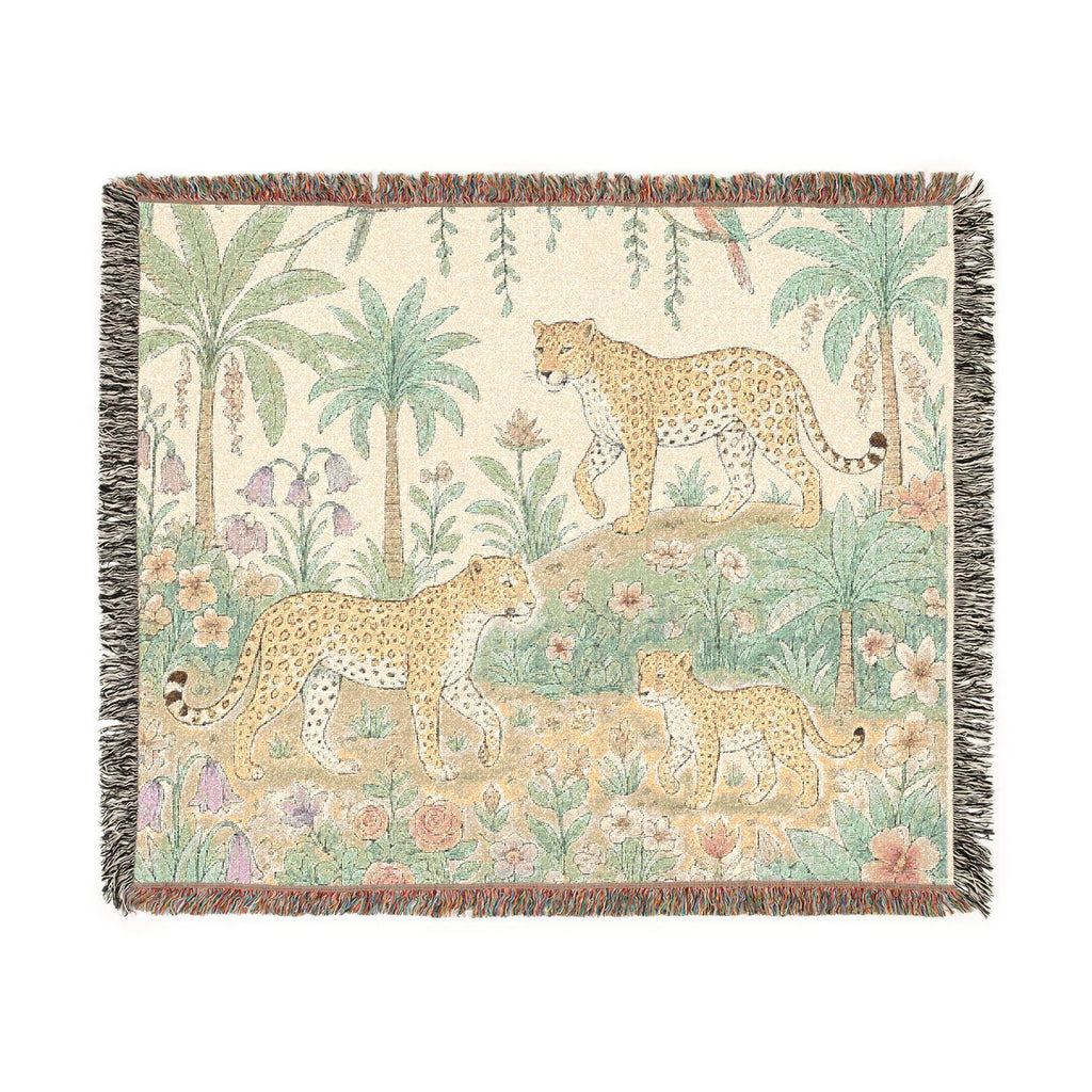 Jungle Leopard Tapestry Woven Blanket | Tropical Palm Animal Throw