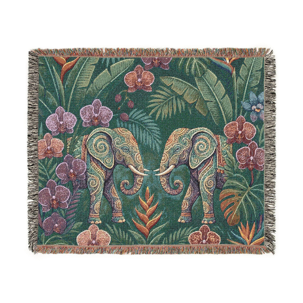 Tropical Elephant Tapestry Blanket | Woven Fringe Throw, Jungle Floral Pattern