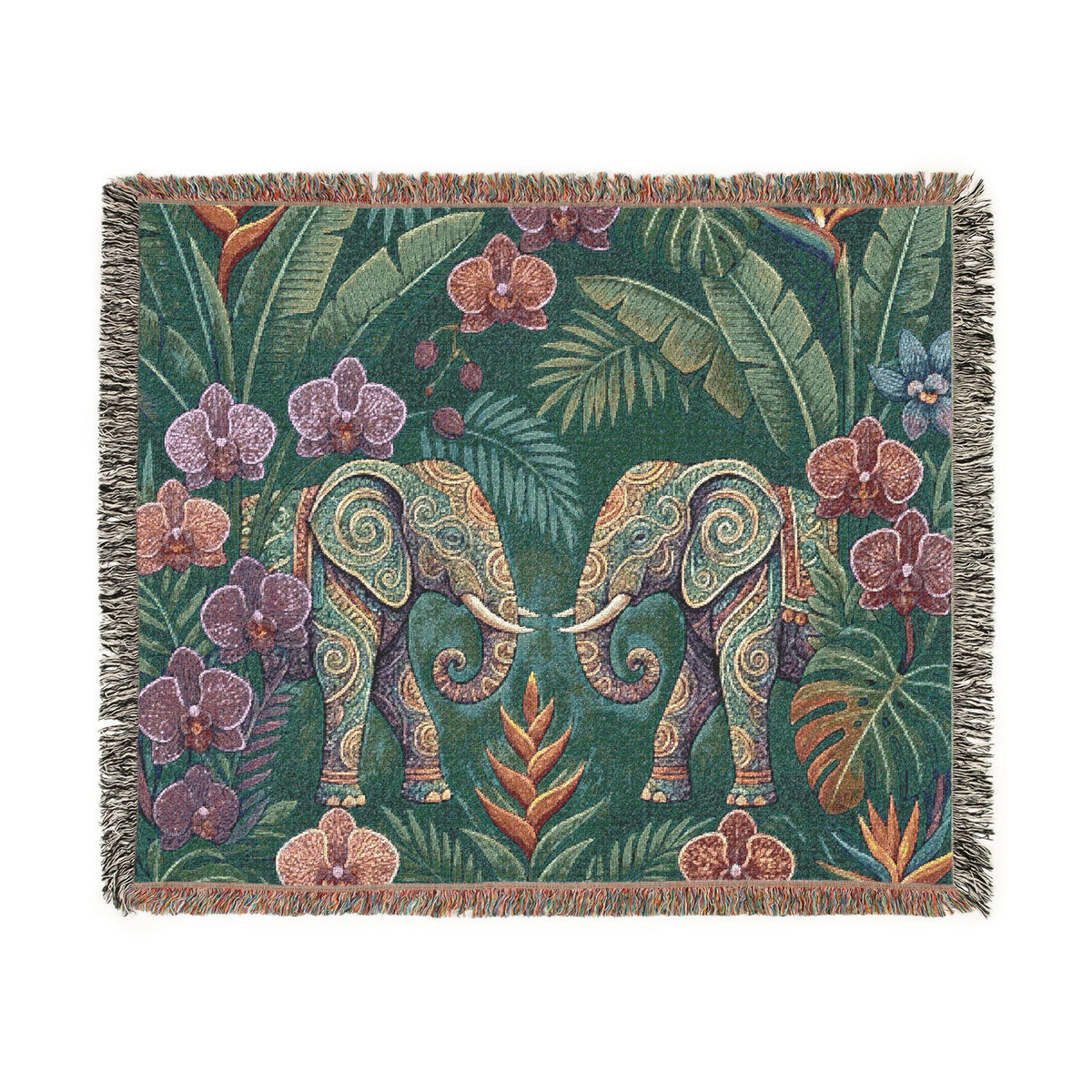 Tropical Elephant Tapestry Blanket | Woven Fringe Throw, Jungle Floral Pattern