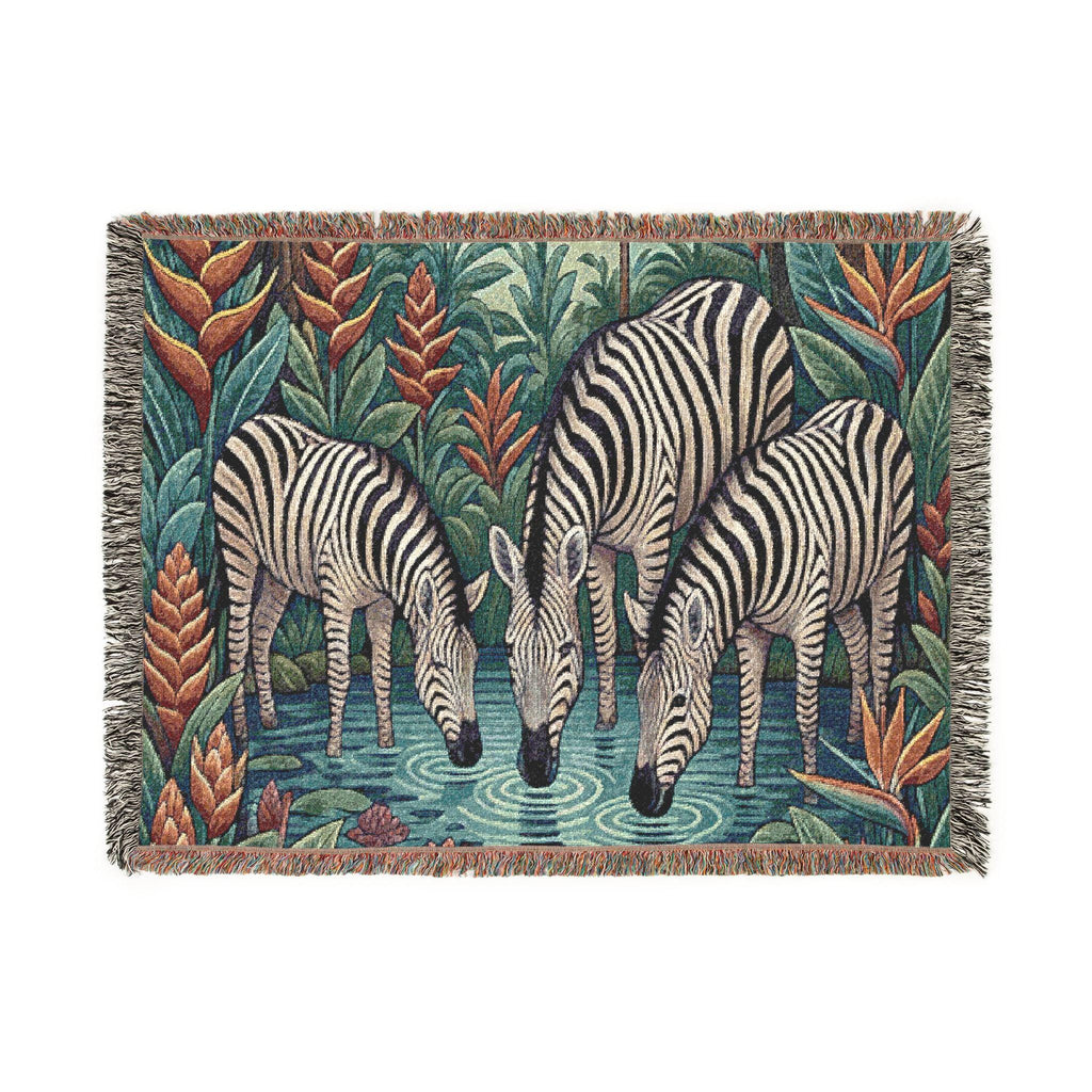 Zebra Trio Drinking Scene Woven Blanket | Tapestry Animal Throw