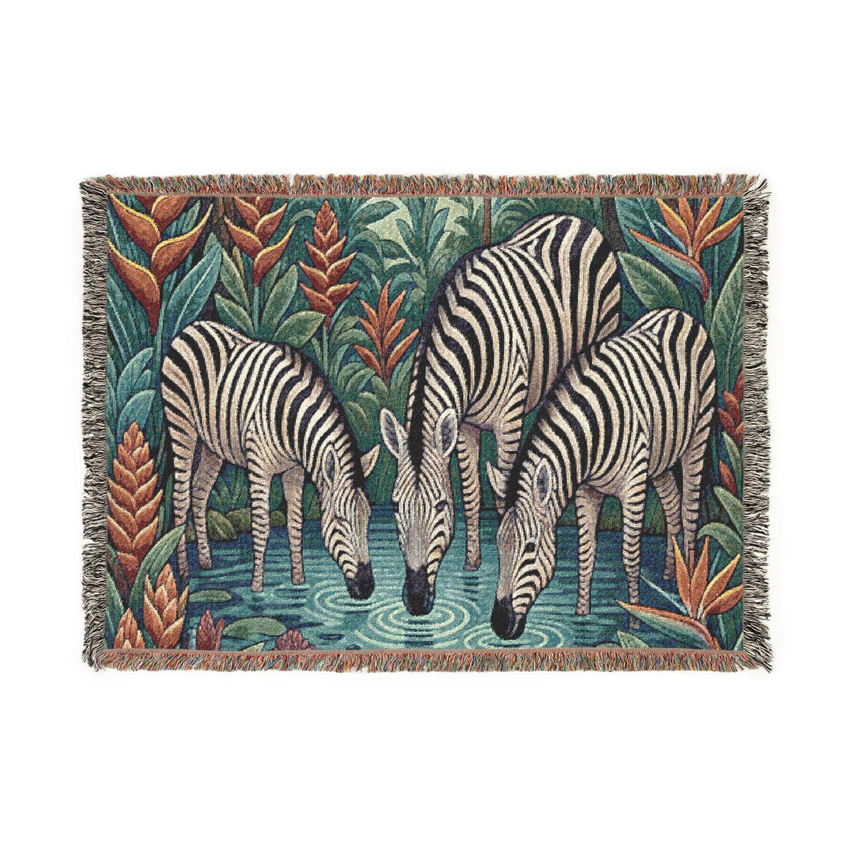 Zebra Trio Drinking Scene Woven Blanket | Tapestry Animal Throw