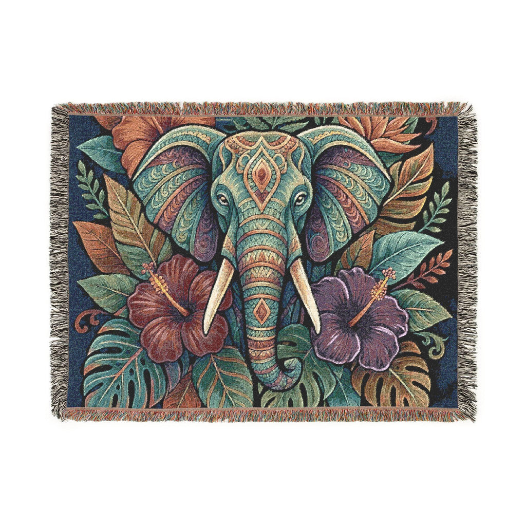 Colorful Boho Elephant Woven Blanket | Floral Tribal Elephant Throw