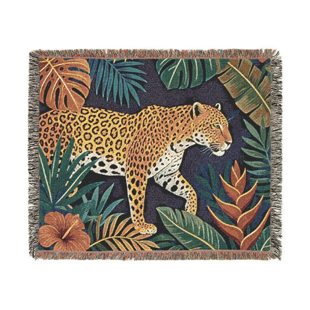 Leopard Jungle Woven Blanket | Tropical Foliage Tapestry Throw