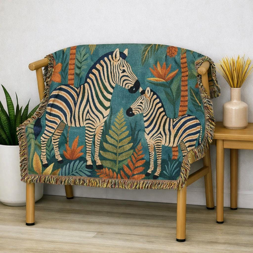 Zebra Jungle Illustration Woven Blanket | Animal Tapestry Throw