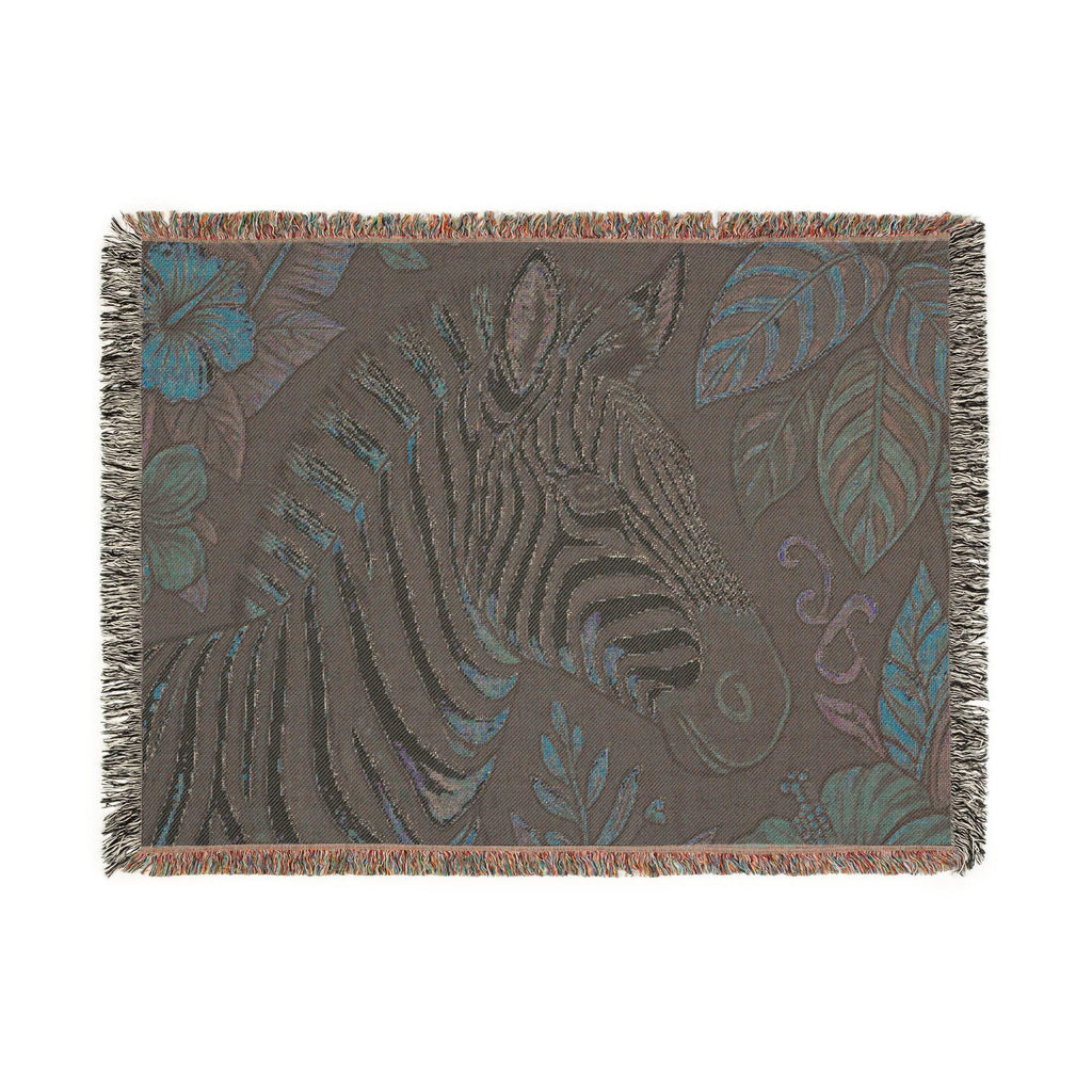 Zebra Illustration Woven Blanket | Botanical Leaves Tapestry Throw