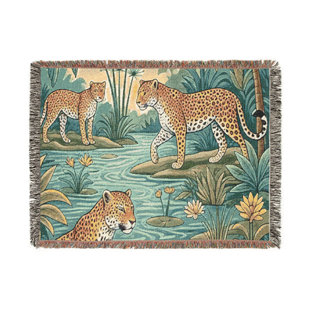 Tropical Leopard Scene Woven Blanket | Jungle Cat Tapestry Throw