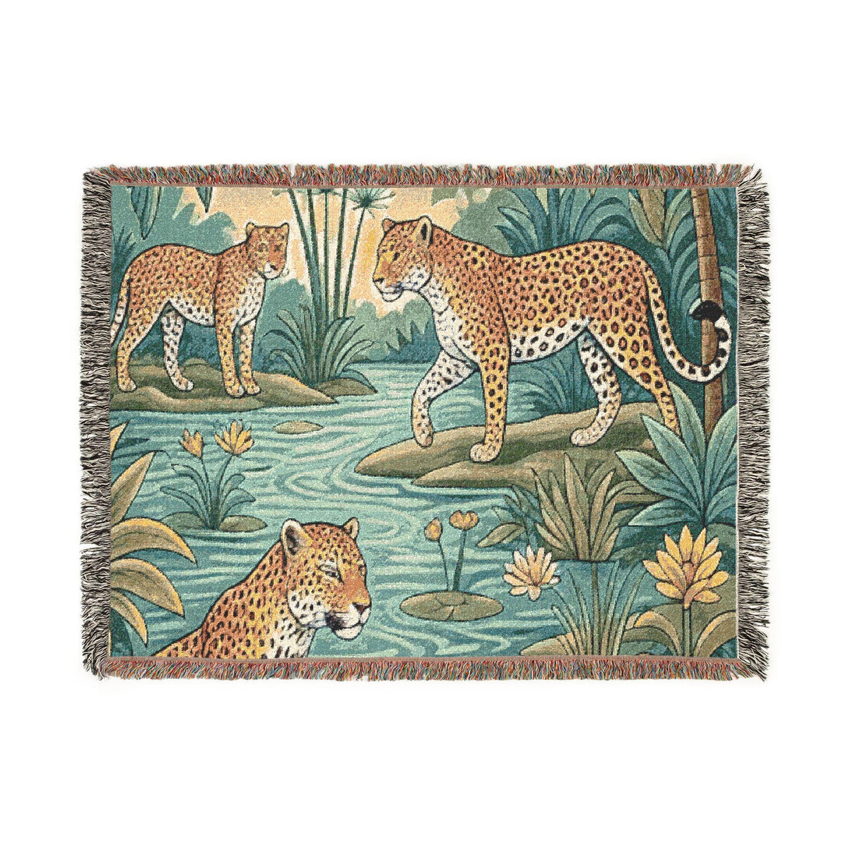 Tropical Leopard Scene Woven Blanket | Jungle Cat Tapestry Throw