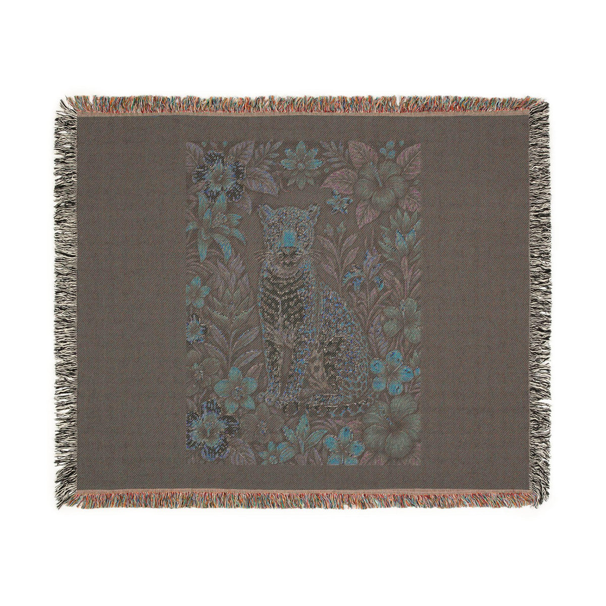 Floral Leopard Tapestry Woven Blanket | Vintage Botanical Cat Motif