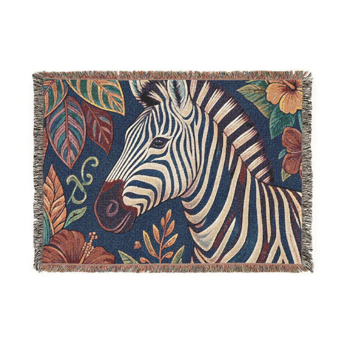 Zebra Illustration Woven Blanket | Botanical Leaves Tapestry Throw