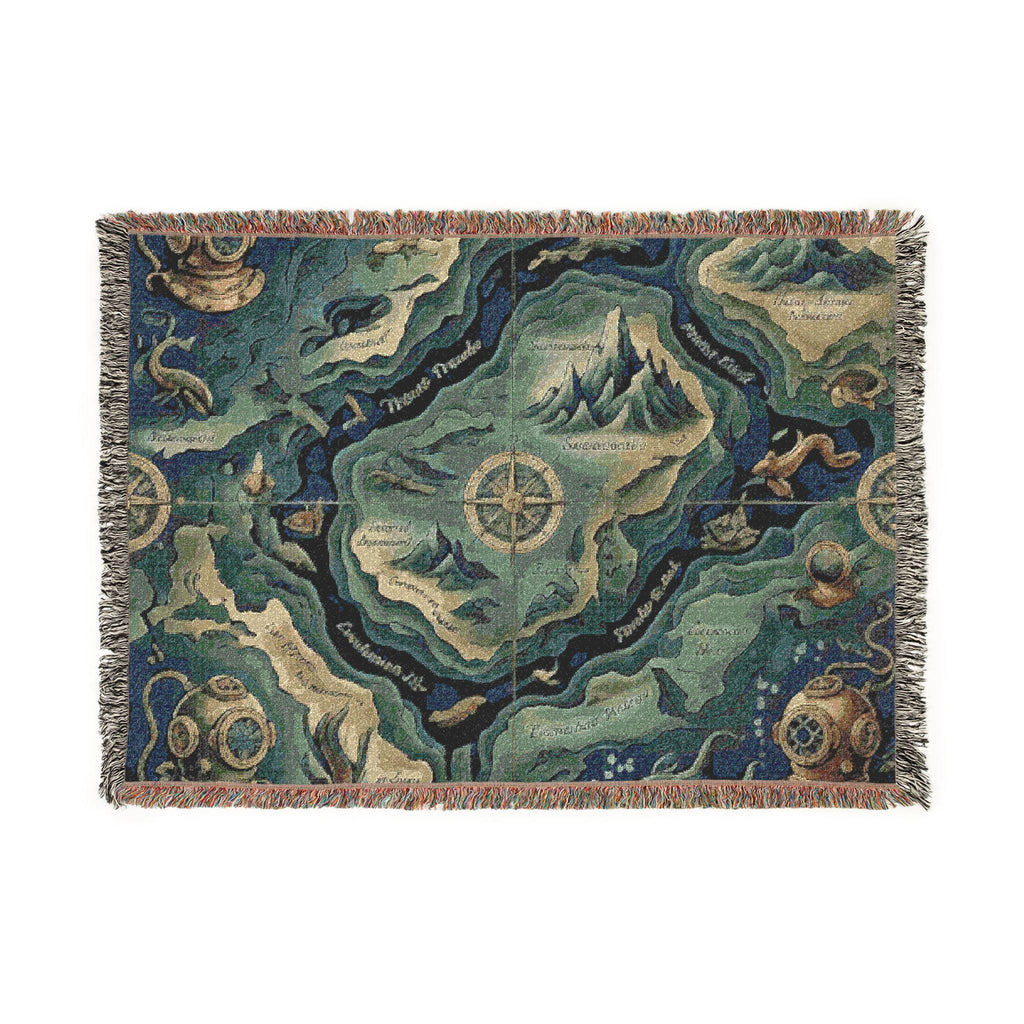 Fantasy Map Woven Blanket | Nautical Compass, Island Landscape Tapestry Throw Deep Sea