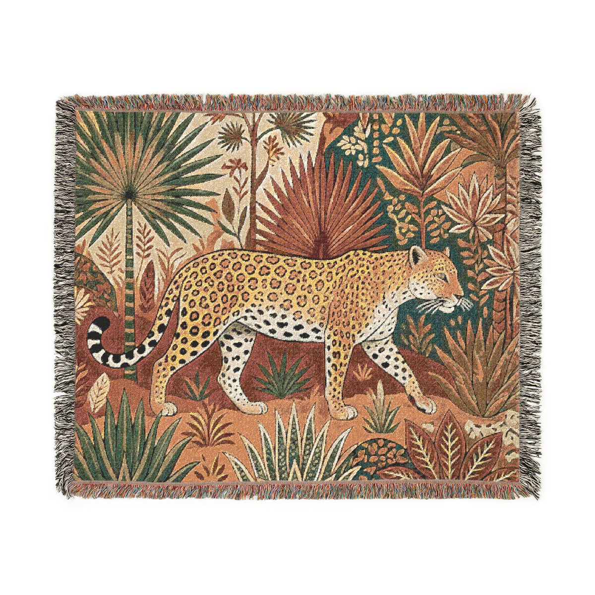 Leopard Jungle Tapestry Woven Blanket | Vintage Botanical Animal Throw