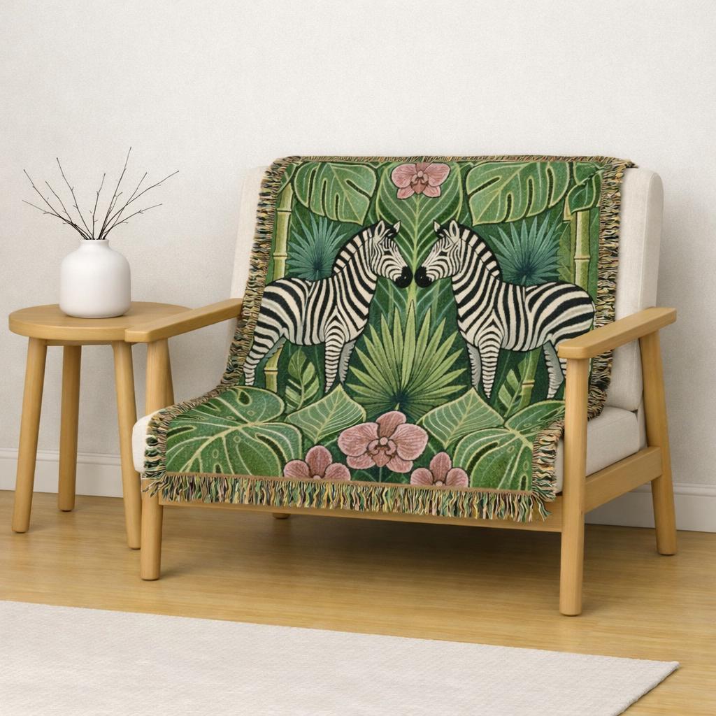 Art Deco Zebra Tapestry Woven Blanket | Jungle Palm Motif