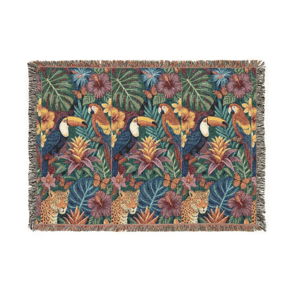 Tropical Toucan Floral Woven Blanket | Jungle Leaves Tapestry Throw