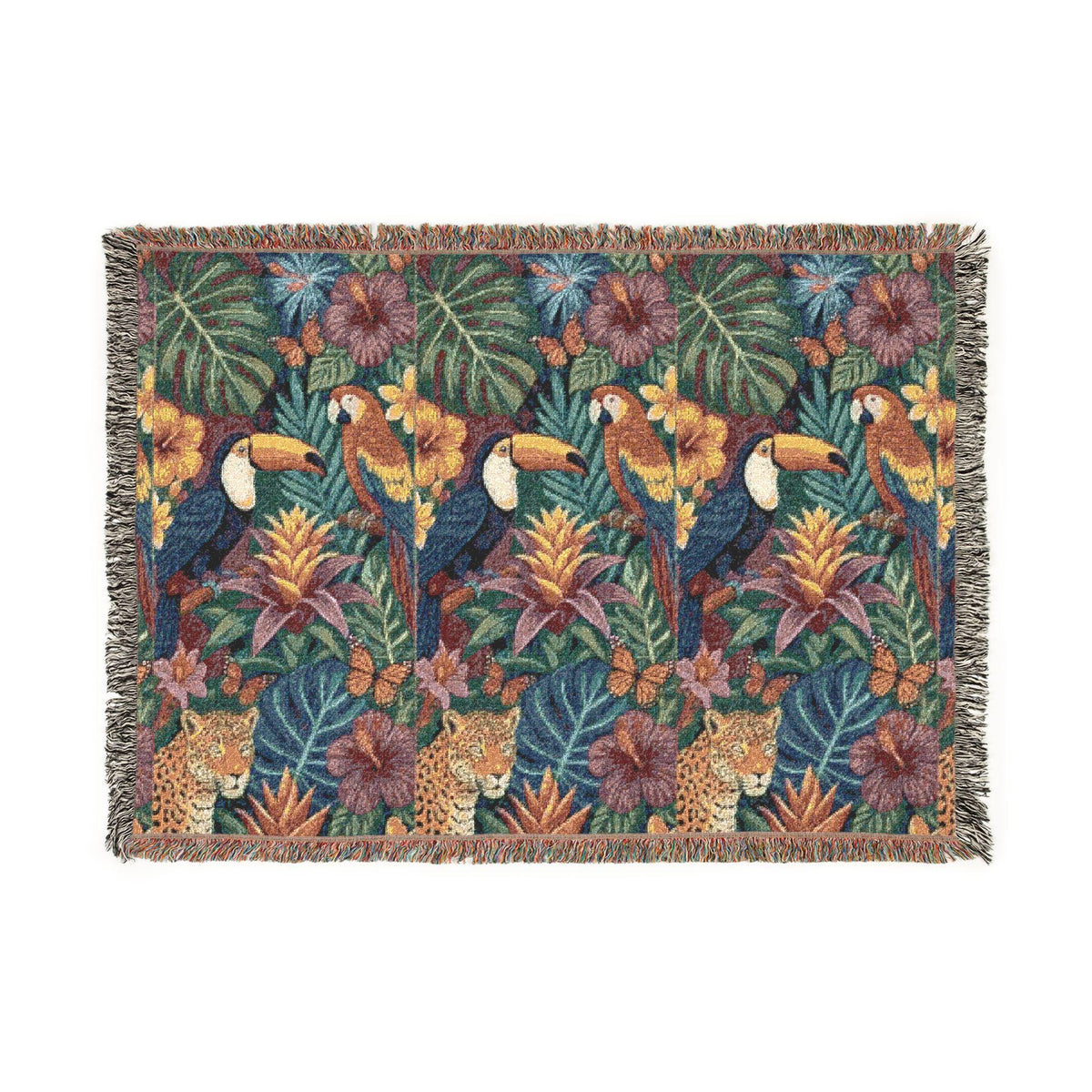 Tropical Toucan Floral Woven Blanket | Jungle Leaves Tapestry Throw