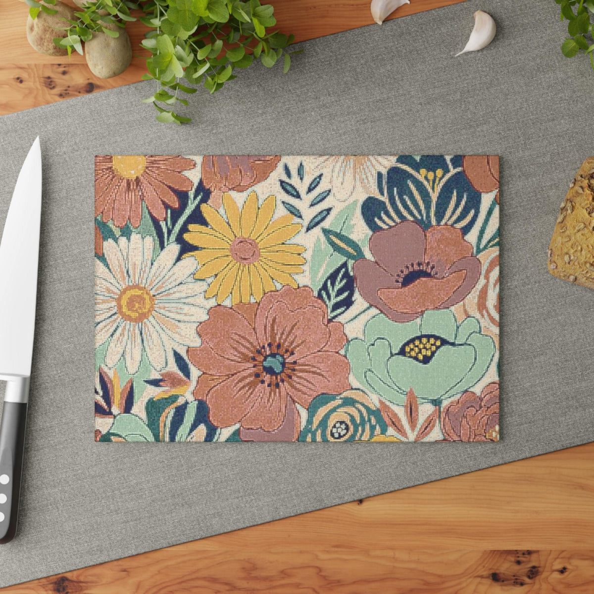 Vintage Floral Pattern Glass Cutting Board | Daisies Poppies Kitchen Decor