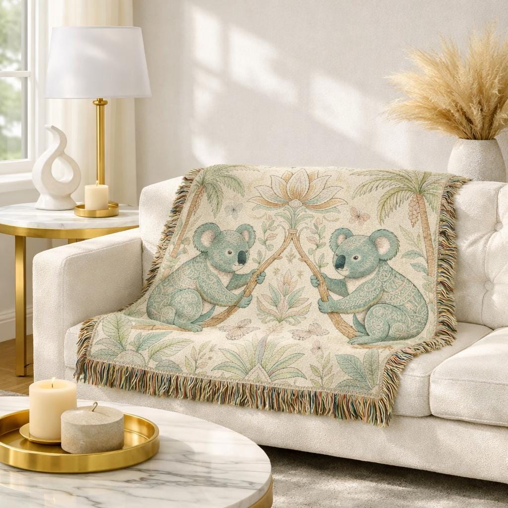 Koala Botanical Tapestry Woven Blanket | Jungle Animal Throw