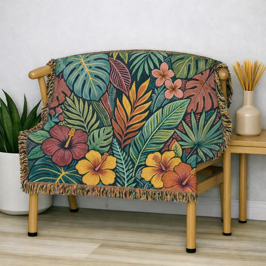 Tropical Floral Woven Blanket | Botanical Leaves Hibiscus Throw