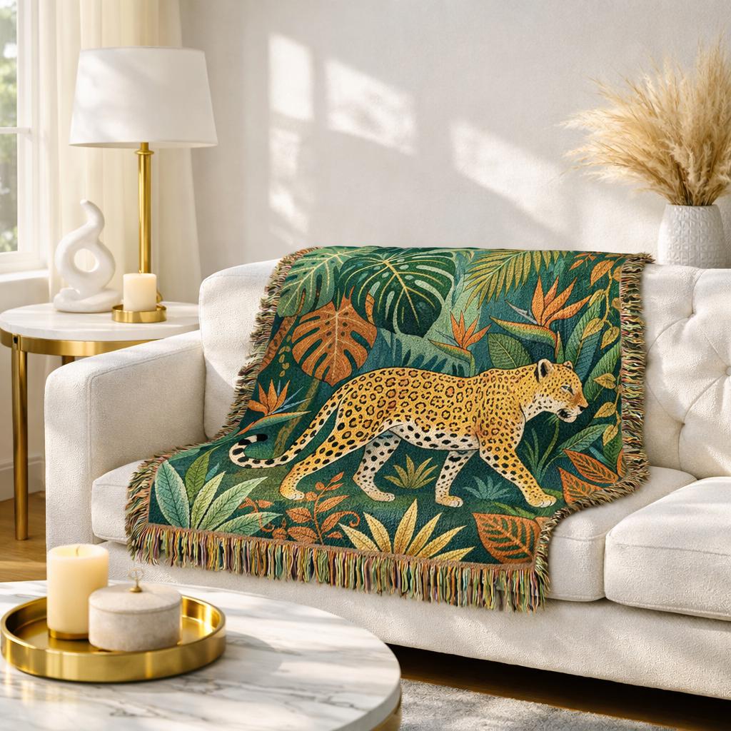 Leopard Jungle Tapestry Woven Blanket | Tropical Leaves, Botanical Throw