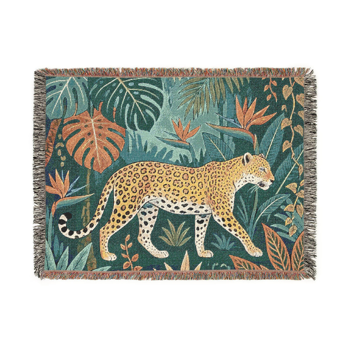 Leopard Jungle Tapestry Woven Blanket | Tropical Leaves, Botanical Throw