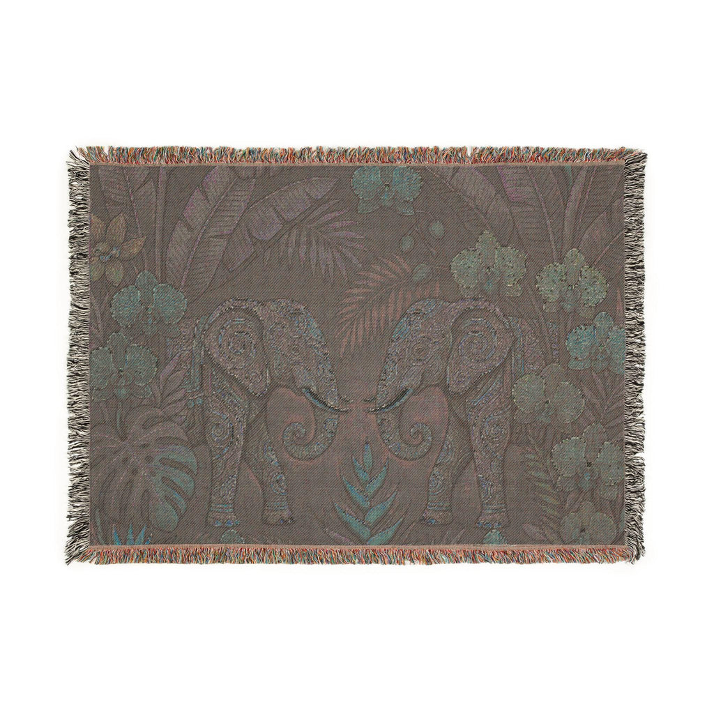 Tropical Elephant Tapestry Blanket | Woven Fringe Throw, Jungle Floral Pattern
