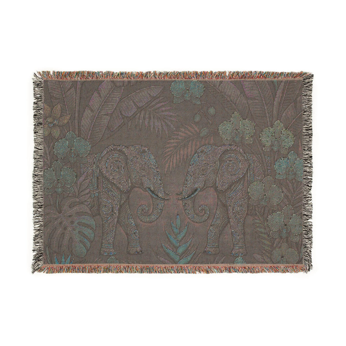 Tropical Elephant Tapestry Blanket | Woven Fringe Throw, Jungle Floral Pattern