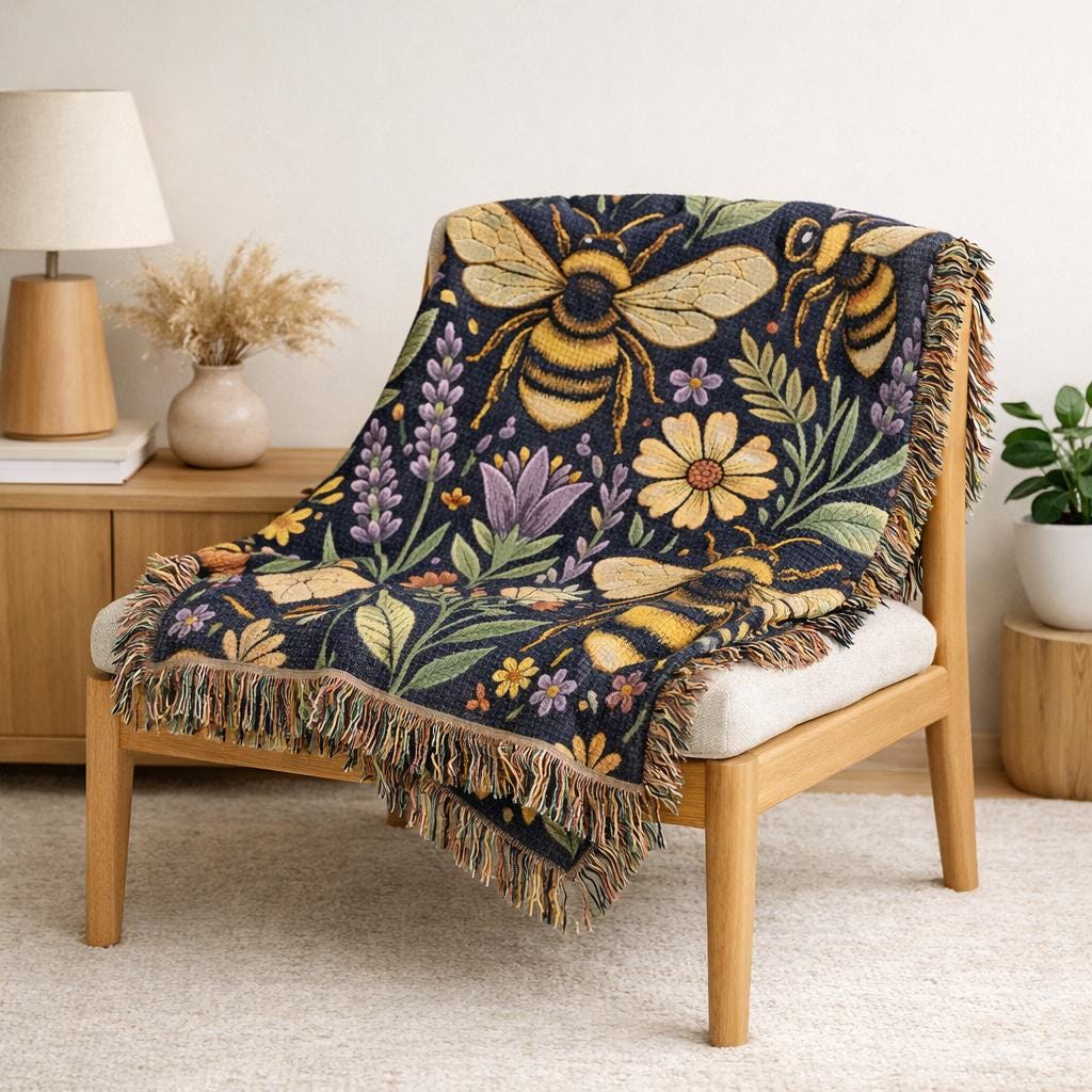 Bees and Wildflowers Woven Blanket | Bee Floral Throw