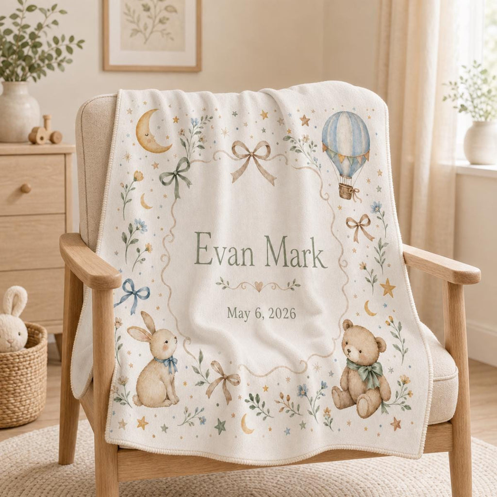 Nursery Moon & Hot Air Balloon Woven Blanket | Personalized Baby Name